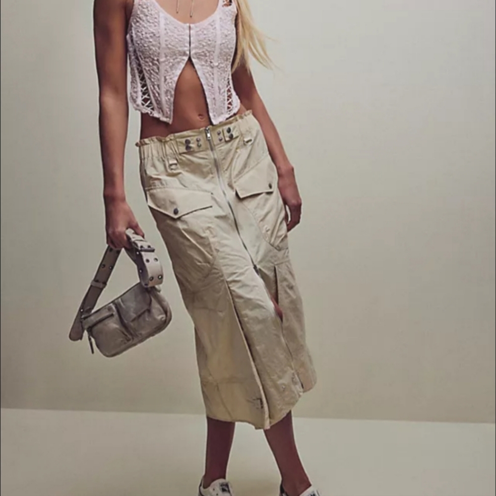 Free People Rory Techy Cargo Cream Beige Midi Skirt with Front Pockets